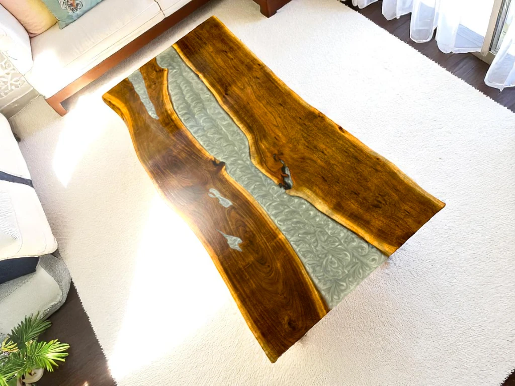 Grey Console Table with Live Edge Natural Acacia Wood Epoxy